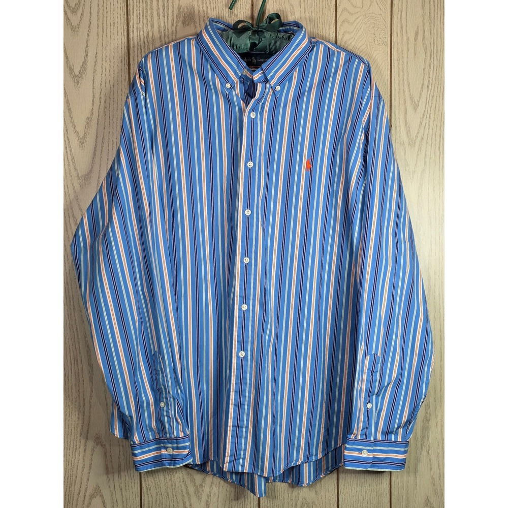 Polo Ralph Lauren XXL Classic Fit Blue Orange Striped Button Down Shirt Mens